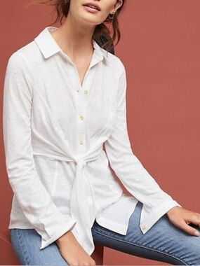 Maeve Anthropologie Front Tie Blouse White Cotton Button Front XS